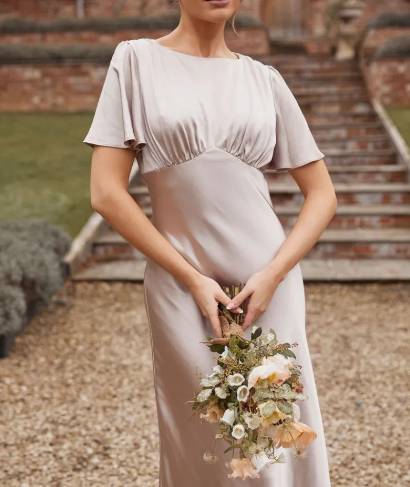 Online Six Stories Gathered Bust Flutter Sleeve Satin Bridesmaid Dress - Oyster