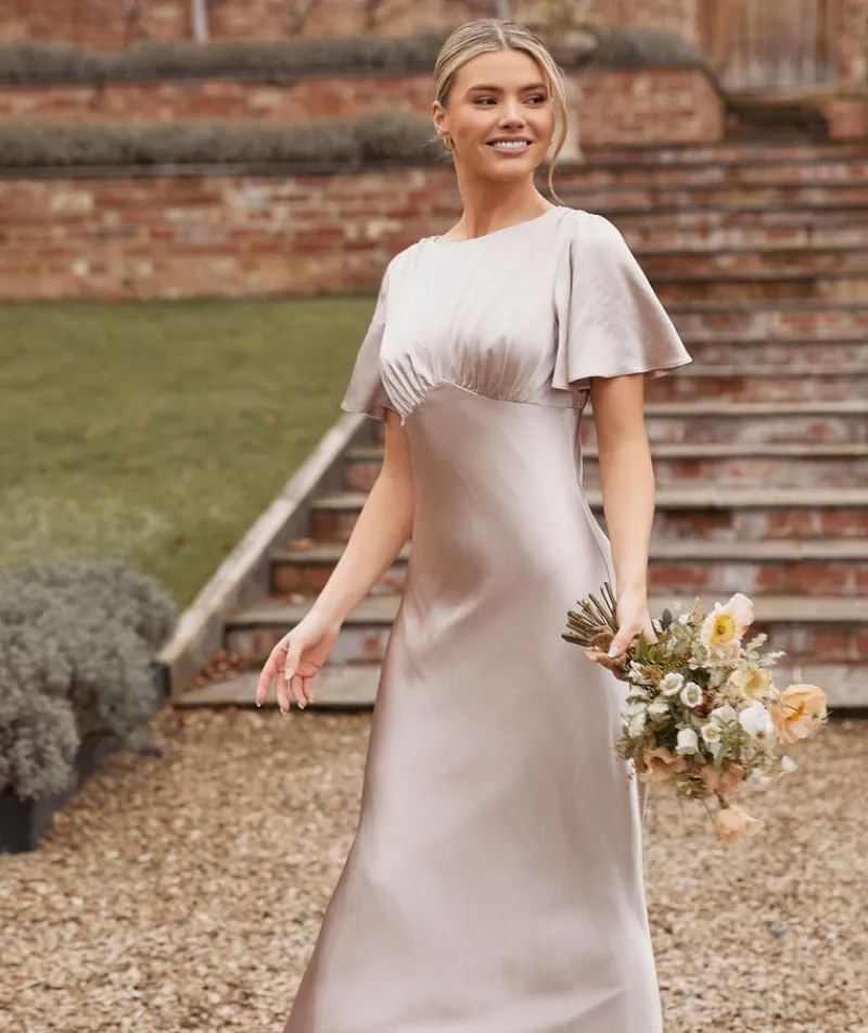 Online Six Stories Gathered Bust Flutter Sleeve Satin Bridesmaid Dress - Oyster