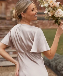 Online Six Stories Gathered Bust Flutter Sleeve Satin Bridesmaid Dress - Oyster