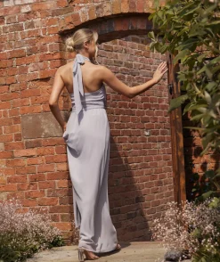 Online Six Stories Halter Neck Pleated Waist Chiffon Bridesmaid Dress - Dusty Lilac