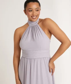 Online Six Stories Halter Neck Pleated Waist Chiffon Bridesmaid Dress - Dusty Lilac
