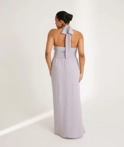 Online Six Stories Halter Neck Pleated Waist Chiffon Bridesmaid Dress - Dusty Lilac