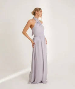 Online Six Stories Halter Neck Pleated Waist Chiffon Bridesmaid Dress - Dusty Lilac