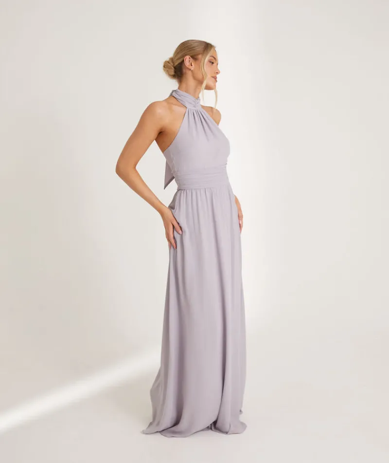 Online Six Stories Halter Neck Pleated Waist Chiffon Bridesmaid Dress - Dusty Lilac