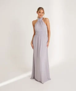 Online Six Stories Halter Neck Pleated Waist Chiffon Bridesmaid Dress - Dusty Lilac