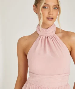 Outlet Six Stories Halter Neck Pleated Waist Chiffon Bridesmaid Dress - Peony Pink