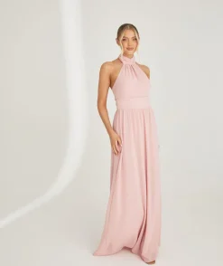 Outlet Six Stories Halter Neck Pleated Waist Chiffon Bridesmaid Dress - Peony Pink
