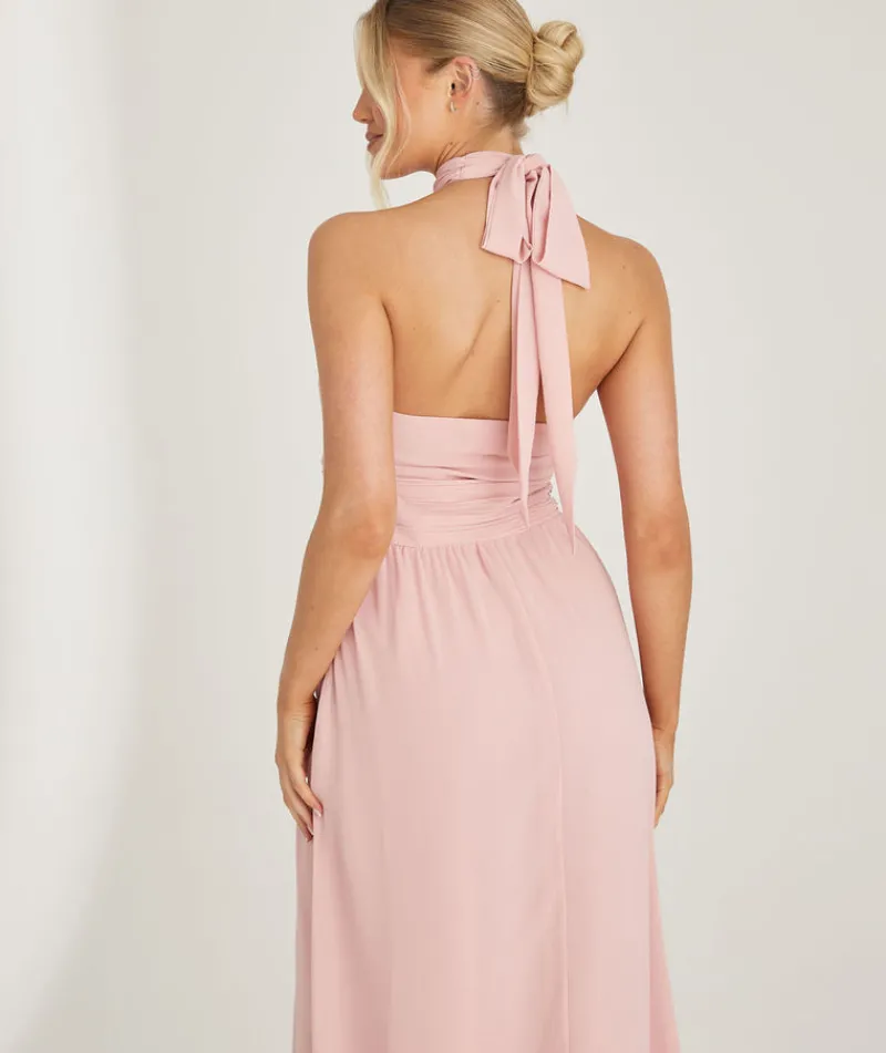 Outlet Six Stories Halter Neck Pleated Waist Chiffon Bridesmaid Dress - Peony Pink