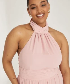 Outlet Six Stories Halter Neck Pleated Waist Chiffon Bridesmaid Dress - Peony Pink