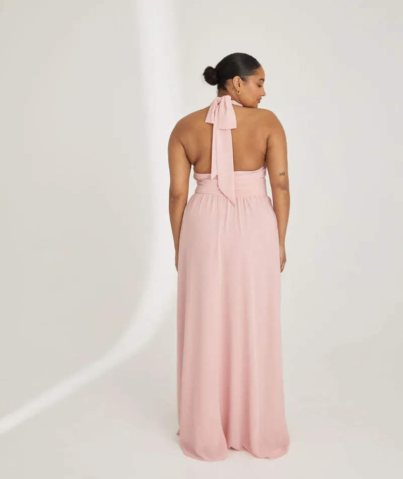 Outlet Six Stories Halter Neck Pleated Waist Chiffon Bridesmaid Dress - Peony Pink