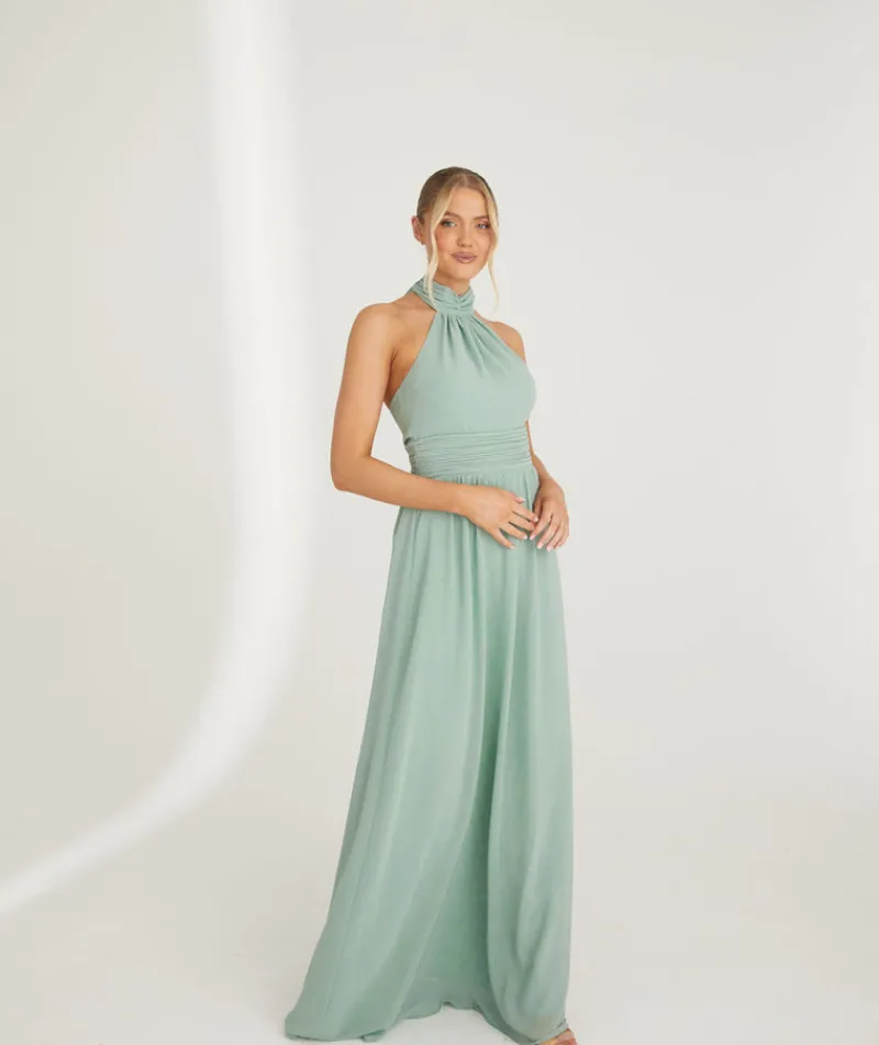 Six Stories Halter Neck Pleated Waist Chiffon Bridesmaid Dress - Sage
