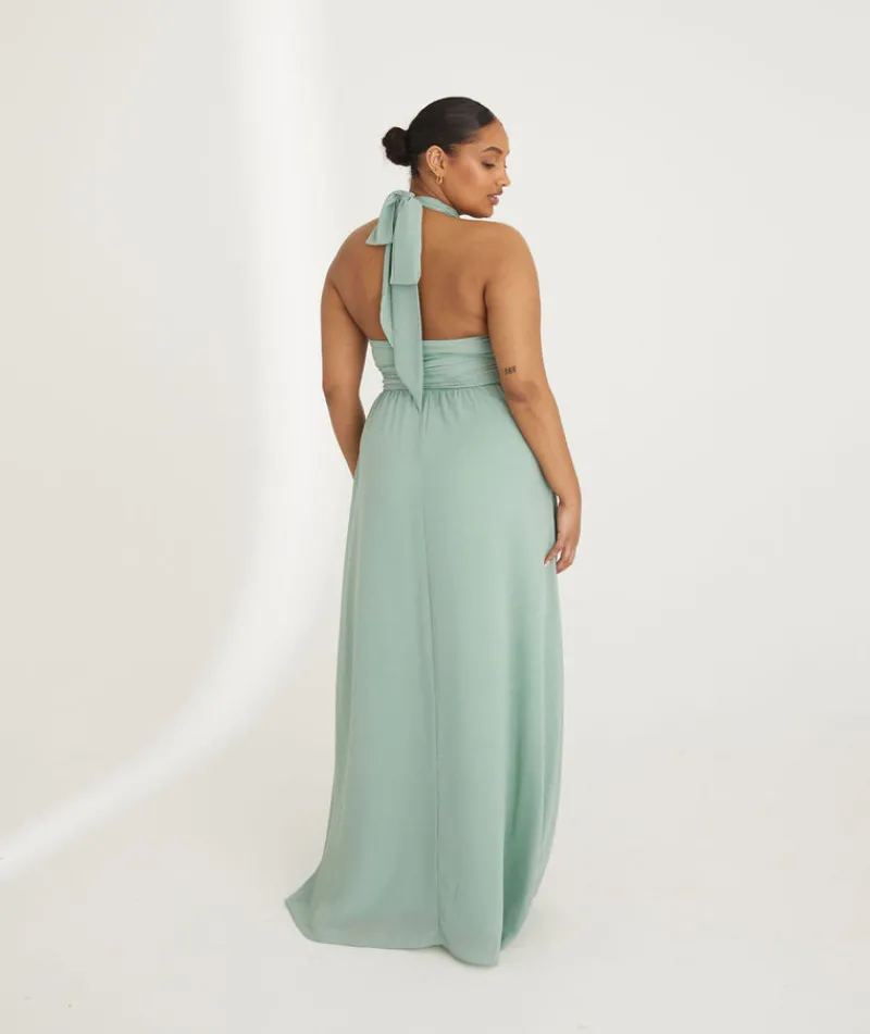 Six Stories Halter Neck Pleated Waist Chiffon Bridesmaid Dress - Sage