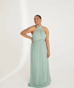 Six Stories Halter Neck Pleated Waist Chiffon Bridesmaid Dress - Sage