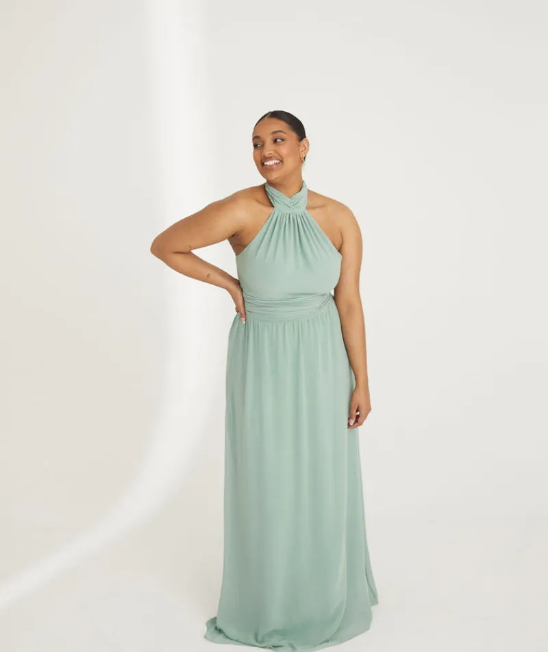 Six Stories Halter Neck Pleated Waist Chiffon Bridesmaid Dress - Sage