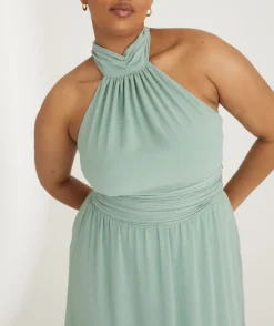 Six Stories Halter Neck Pleated Waist Chiffon Bridesmaid Dress - Sage