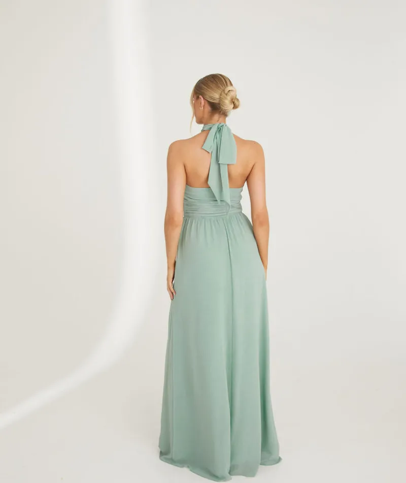 Six Stories Halter Neck Pleated Waist Chiffon Bridesmaid Dress - Sage