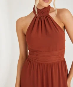 Six Stories Halter Neck Pleated Waist Chiffon Bridesmaid Dress - Rust