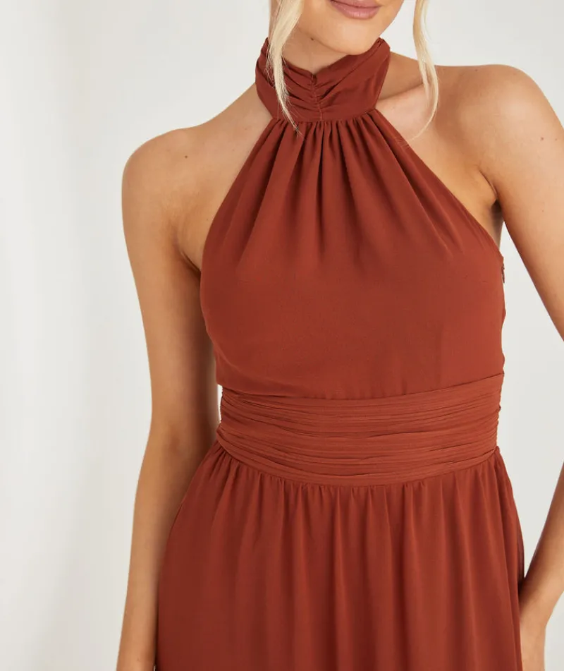 Six Stories Halter Neck Pleated Waist Chiffon Bridesmaid Dress - Rust