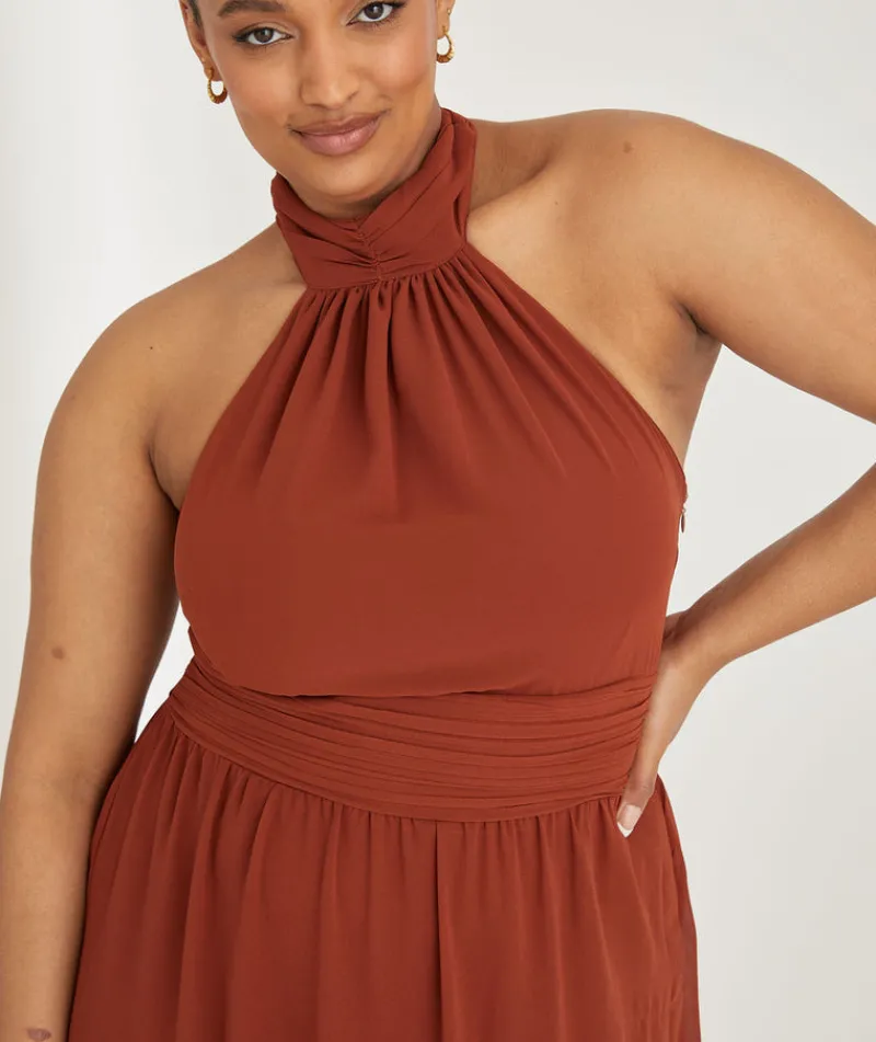 Six Stories Halter Neck Pleated Waist Chiffon Bridesmaid Dress - Rust