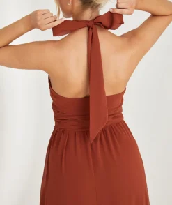 Six Stories Halter Neck Pleated Waist Chiffon Bridesmaid Dress - Rust