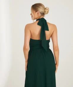 Six Stories Halter Neck Pleated Waist Chiffon Bridesmaid Dress - Emerald