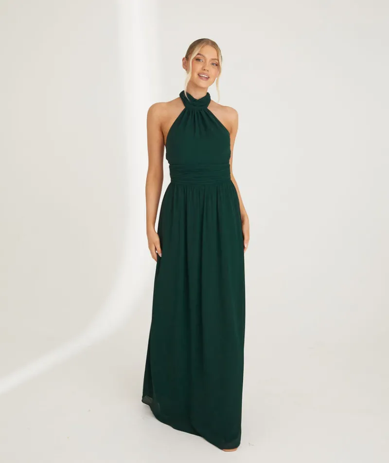 Six Stories Halter Neck Pleated Waist Chiffon Bridesmaid Dress - Emerald
