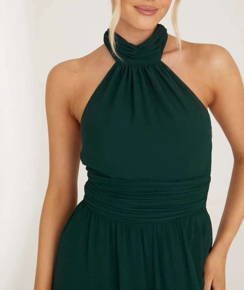 Six Stories Halter Neck Pleated Waist Chiffon Bridesmaid Dress - Emerald