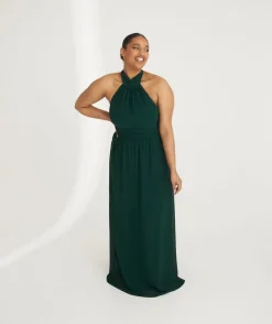 Six Stories Halter Neck Pleated Waist Chiffon Bridesmaid Dress - Emerald