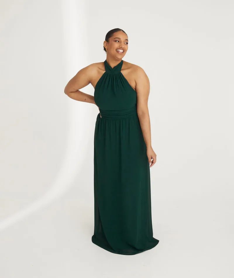 Six Stories Halter Neck Pleated Waist Chiffon Bridesmaid Dress - Emerald