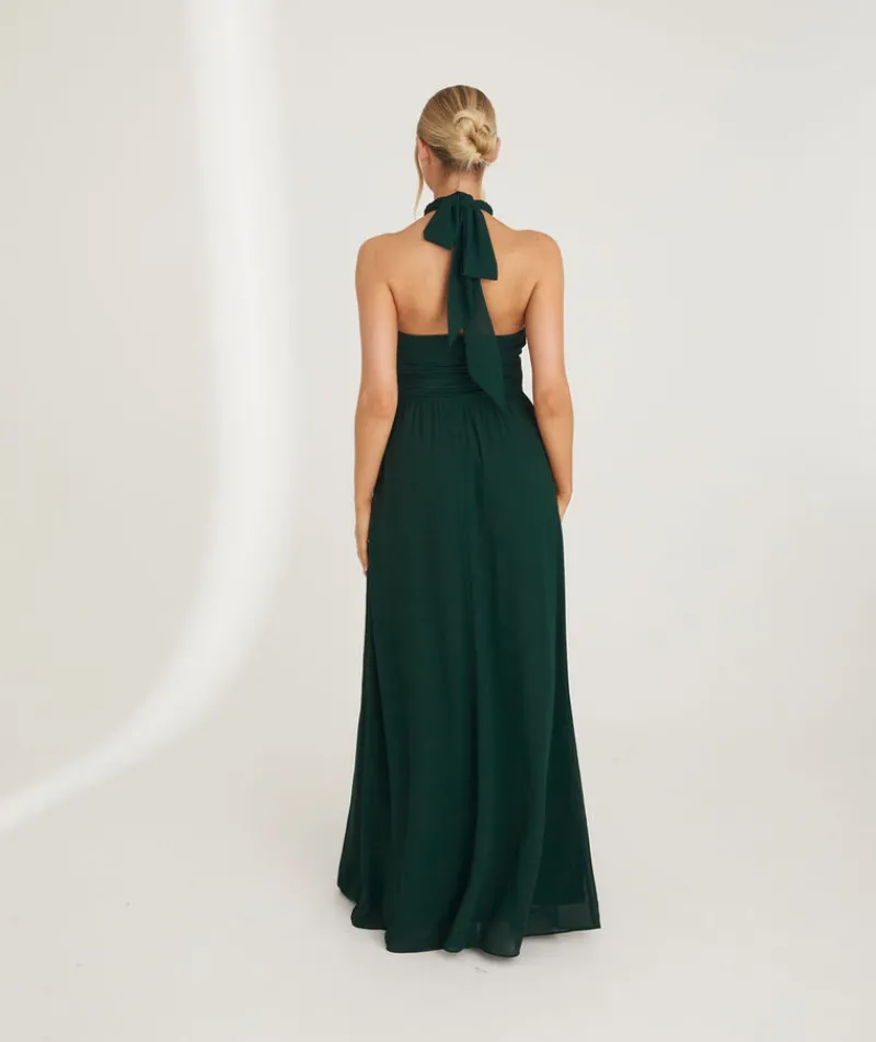 Six Stories Halter Neck Pleated Waist Chiffon Bridesmaid Dress - Emerald