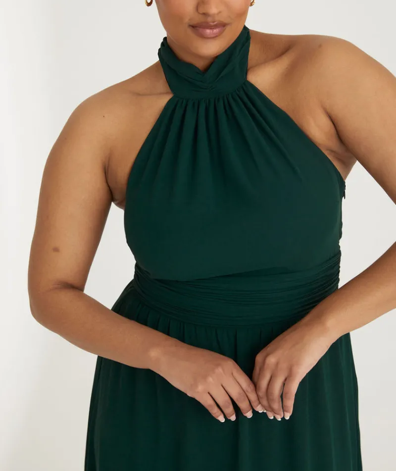 Six Stories Halter Neck Pleated Waist Chiffon Bridesmaid Dress - Emerald