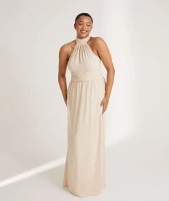 Best Six Stories Halter Neck Pleated Waist Chiffon Bridesmaid Dress - Butter Cream