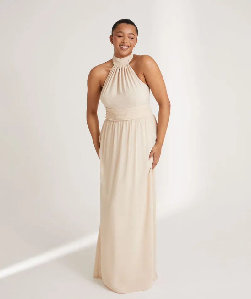 Best Six Stories Halter Neck Pleated Waist Chiffon Bridesmaid Dress - Butter Cream