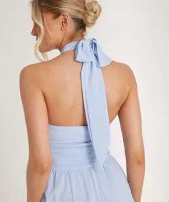 Hot Six Stories Halter Neck Pleated Waist Chiffon Bridesmaid Dress - Cornflower Blue