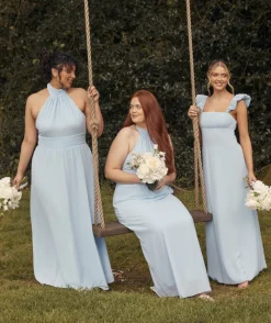 Hot Six Stories Halter Neck Pleated Waist Chiffon Bridesmaid Dress - Cornflower Blue