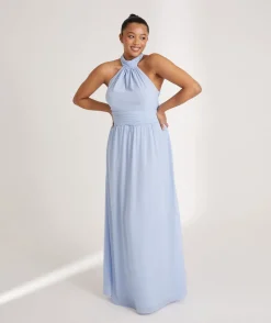 Hot Six Stories Halter Neck Pleated Waist Chiffon Bridesmaid Dress - Cornflower Blue