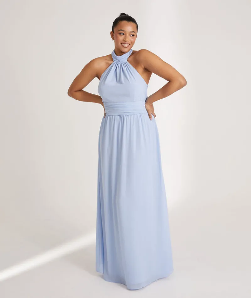Hot Six Stories Halter Neck Pleated Waist Chiffon Bridesmaid Dress - Cornflower Blue
