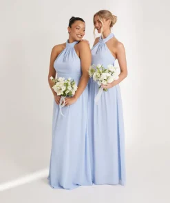 Hot Six Stories Halter Neck Pleated Waist Chiffon Bridesmaid Dress - Cornflower Blue