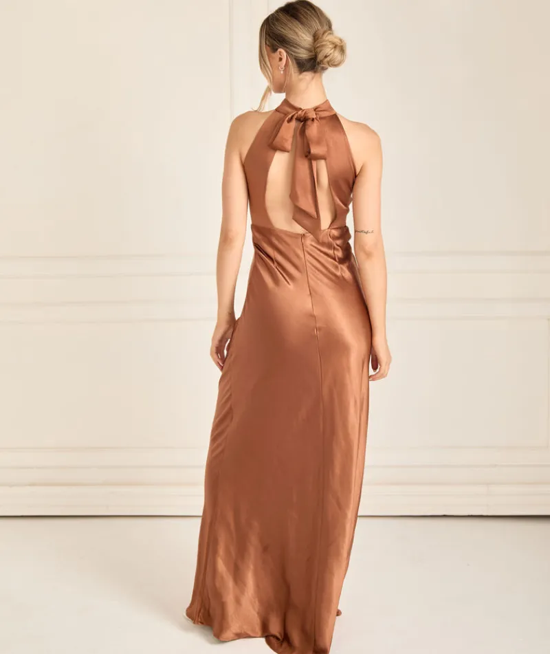 Clearance Six Stories Halter Neck Satin Bridesmaid Dress - Rust