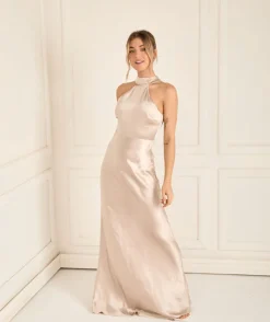 Clearance Six Stories Halter Neck Satin Bridesmaid Dress - Oyster