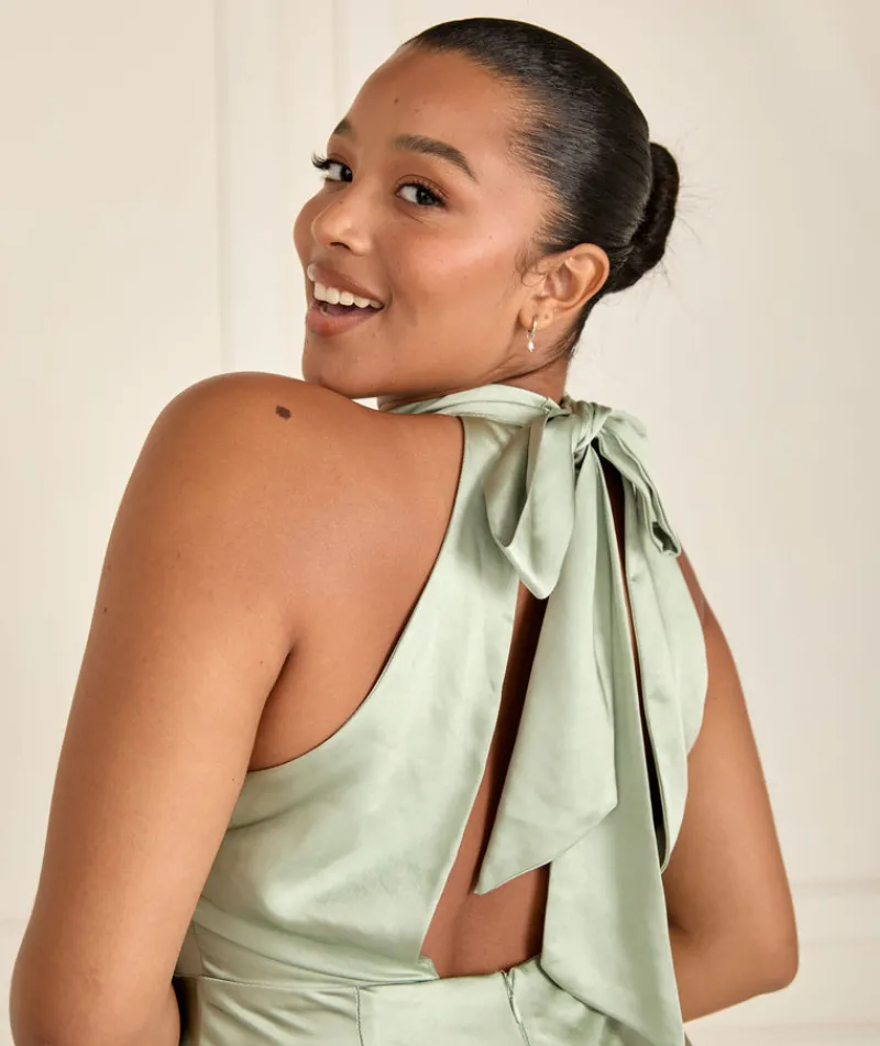 Online Six Stories Halter Neck Satin Bridesmaid Dress - Sage