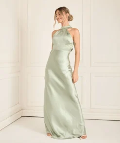 Online Six Stories Halter Neck Satin Bridesmaid Dress - Sage
