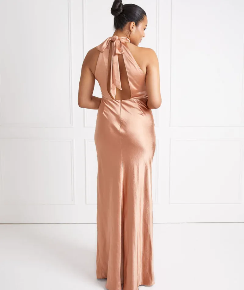 Outlet Six Stories Halter Neck Satin Bridesmaid Dress - Burnt Peach