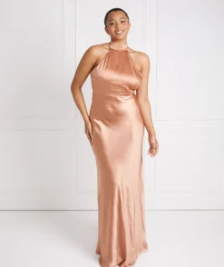 Outlet Six Stories Halter Neck Satin Bridesmaid Dress - Burnt Peach