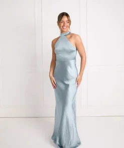 Best Six Stories Halter Neck Satin Bridesmaid Dress - Dusty Blue