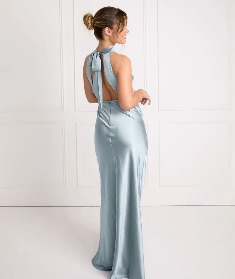 Best Six Stories Halter Neck Satin Bridesmaid Dress - Dusty Blue