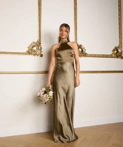 Best Six Stories Halter Neck Satin Bridesmaid Dress - Olive