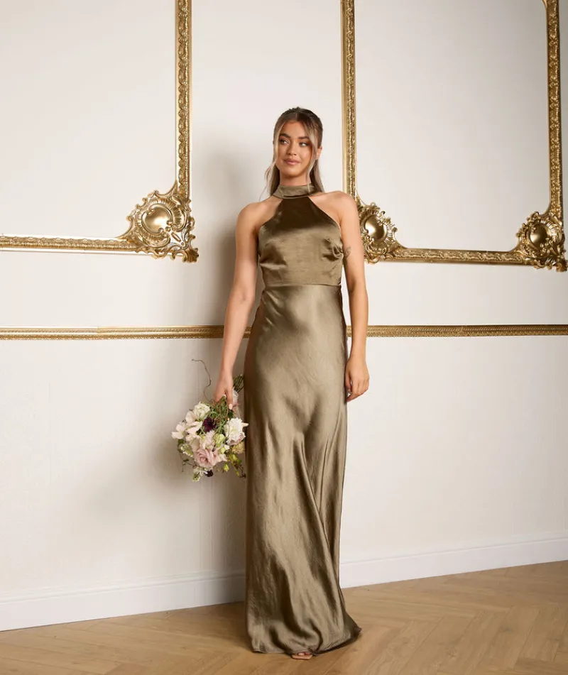 Best Six Stories Halter Neck Satin Bridesmaid Dress - Olive
