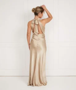 Discount Six Stories Halter Neck Satin Bridesmaid Dress - Champagne