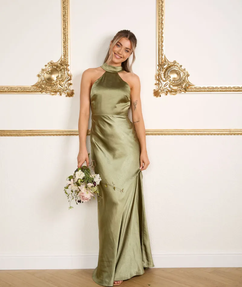 Online Six Stories Halter Neck Satin Bridesmaid Dress - Moss Green